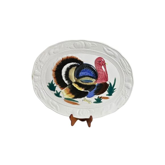 HUGE Turkey Platter - Vintage THANKSGIVING Hand Painted Ceramic c1960s-70s READ - Picture 1 of 7